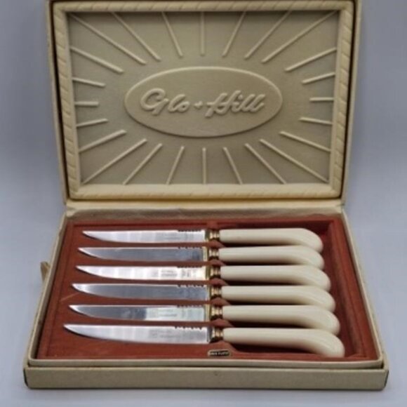GOLD Plate Antique KNIFE SET by GLO HILL Co. 6pc STEAK KNIVES Vintage Knife Set - Picture 1 of 6
